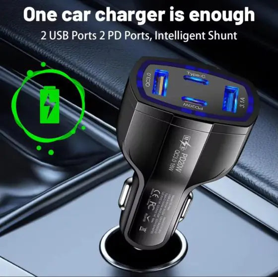 Roger Car Charger – Fast Charging Adapter with USB, Type-C, 12V Socket, Quick Charge 3.0, 3-Port Mobile Charger – Black