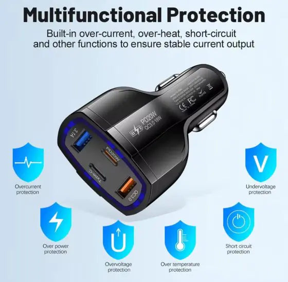 Roger Car Charger – Fast Charging Adapter with USB, Type-C, 12V Socket, Quick Charge 3.0, 3-Port Mobile Charger – Black