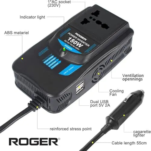 ROGER VERTER Car Power Inverter for Laptops, Phones, and More