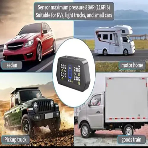 ROGER Internal TPMS – 5 Tire Sensors for Cars | Wireless Solar & USB Charging | LCD Color Display & 5 Alarm Modes