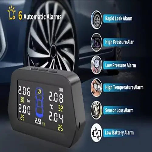 ROGER External TPMS – 5 Tire Sensors for Cars | Wireless Solar & USB Charging | LCD Color Display & 5 Alarm Modes