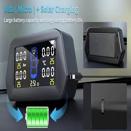 ROGER Internal TPMS – 5 Tire Sensors for Cars | Wireless Solar & USB Charging | LCD Color Display & 5 Alarm Modes