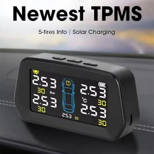 ROGER External TPMS – 5 Tire Sensors for Cars | Wireless Solar & USB Charging | LCD Color Display & 5 Alarm Modes