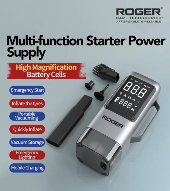 ROGER 6-in-1 Car Jump Starter with Digital Tyre Inflator (150 PSI), Vacuum Cleaner, 8000mAh Power Bank & LED Light | For 6.0L Petrol & 3.0L Diesel Cars