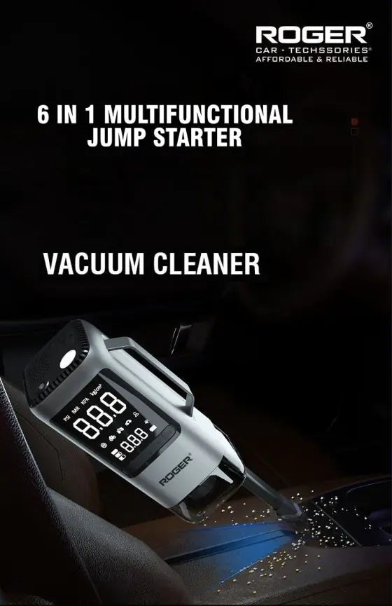 ROGER 6-in-1 Car Jump Starter with Digital Tyre Inflator (150 PSI), Vacuum Cleaner, 8000mAh Power Bank & LED Light | For 6.0L Petrol & 3.0L Diesel Cars