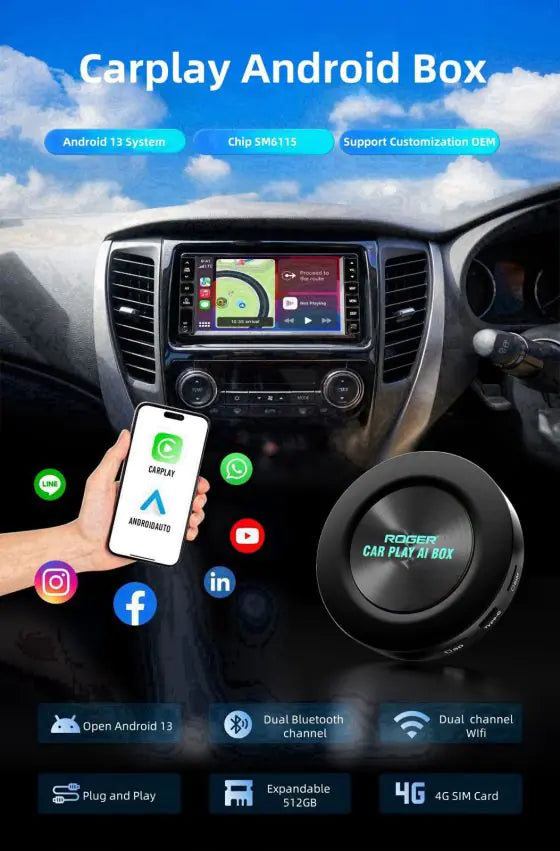 Roger’s CarPlay AI Box with 4G SIM Slot | Android 13 | 4GB+64GB | Qualcomm | Stream YouTube, Netflix, Google Maps | Wireless CarPlay & Android Auto | 4K Video | Dual Bluetooth | GPS | 2-Year Warranty
