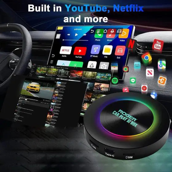 Roger’s CarPlay AI Box with 4G SIM Slot | Android 13 | 4GB+64GB | Qualcomm | Stream YouTube, Netflix, Google Maps | Wireless CarPlay & Android Auto | 4K Video | Dual Bluetooth | GPS | 2-Year Warranty
