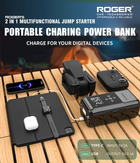 Roger 2-In-1 Multifunctional Jump Starter – Your Ultimate Car Emergency Companion! Jump-Start Your Vehicle, Inflate Tires, Charge Your Gadgets, Or Light Up The Night – All In One Compact Device. 🚗