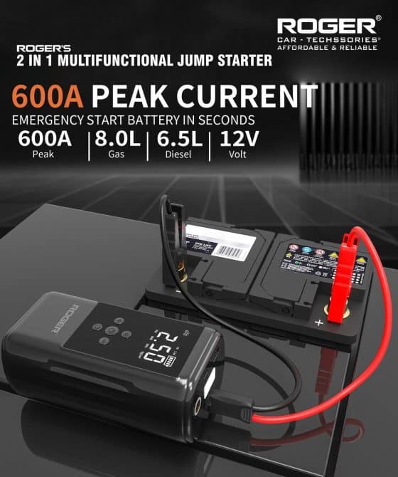 Roger 2-In-1 Multifunctional Jump Starter – Your Ultimate Car Emergency Companion! Jump-Start Your Vehicle, Inflate Tires, Charge Your Gadgets, Or Light Up The Night – All In One Compact Device. 🚗
