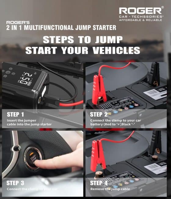 Roger 2-In-1 Multifunctional Jump Starter – Your Ultimate Car Emergency Companion! Jump-Start Your Vehicle, Inflate Tires, Charge Your Gadgets, Or Light Up The Night – All In One Compact Device. 🚗