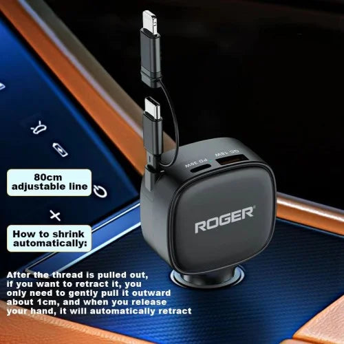 Roger 84W 3-in-1 Retractable Car Charger – Dual Port (33W Type-C PD + 18W USB-A) | 80cm Cable | Fast Charging for Laptop, iPhone, Android & More – Black