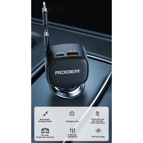 Roger 84W 3-in-1 Retractable Car Charger – Dual Port (33W Type-C PD + 18W USB-A) | 80cm Cable | Fast Charging for Laptop, iPhone, Android & More – Black