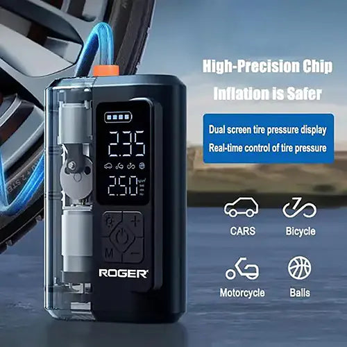 ROGER Smart Tyre Inflator | Dual Mode (Battery & Car 12V Port)